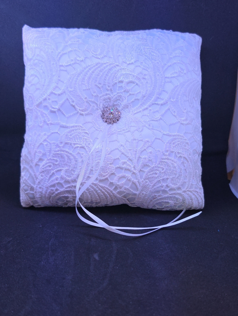 Celebrate It White Lace Ring Bearer Pillow with Rhinestone Accent 8 X 8